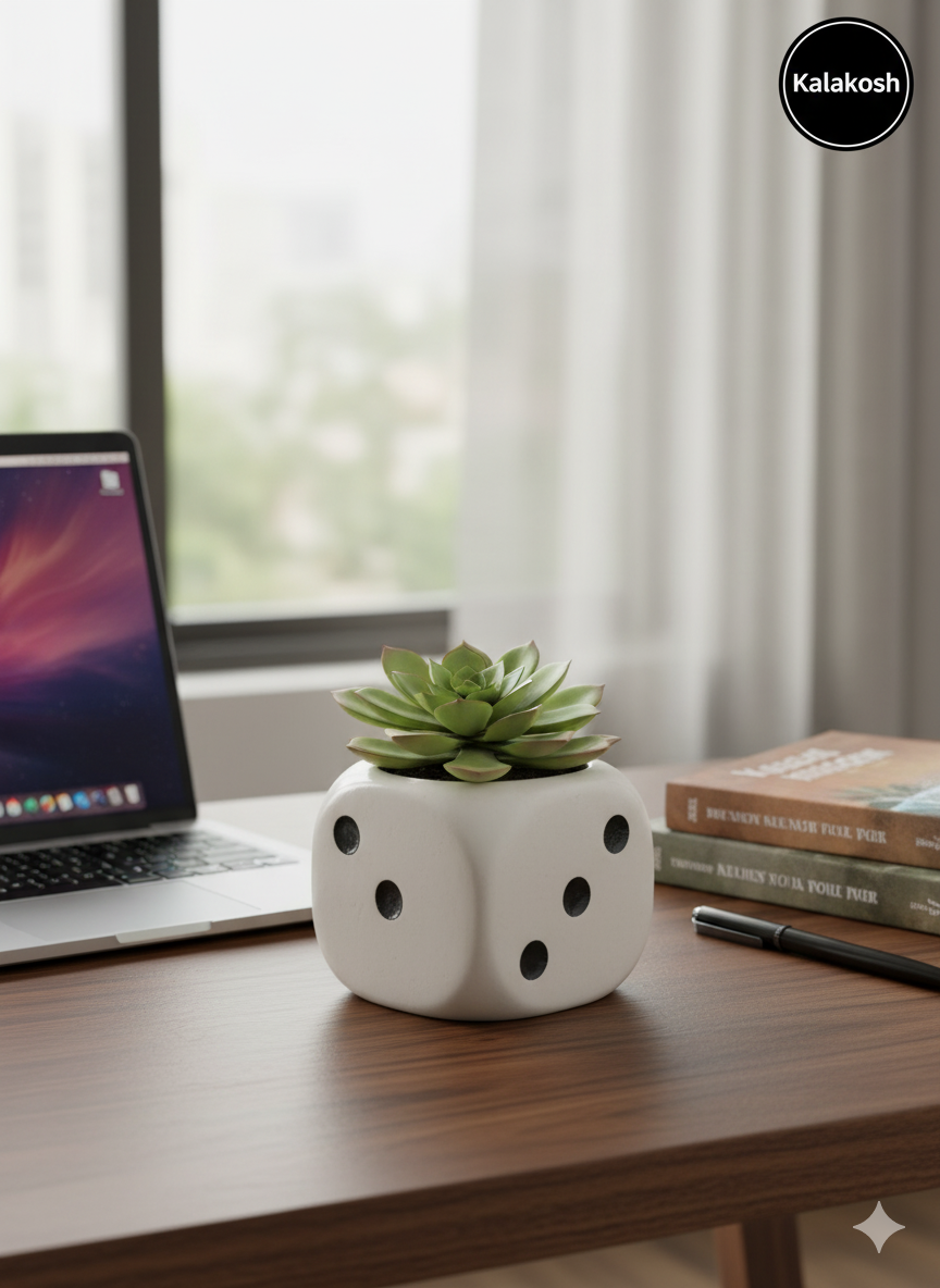 Handcrafted Ceramic Planter | Dice Design Clay Pot for Home & Office Decor | Eco-Friendly Artistic Desk Planter Gift | Rustic Indoor Flower Pot