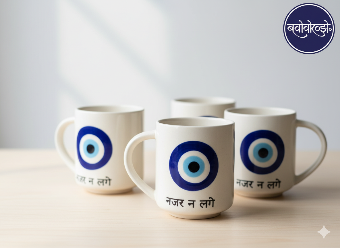 Evil Eye Mug for Coffee Tea | "Nazar Na Lage" Hindi Text | Premium Ceramic Home Decor | Unique Gift for Office & Home Use | Anti-Evil Eye Protection