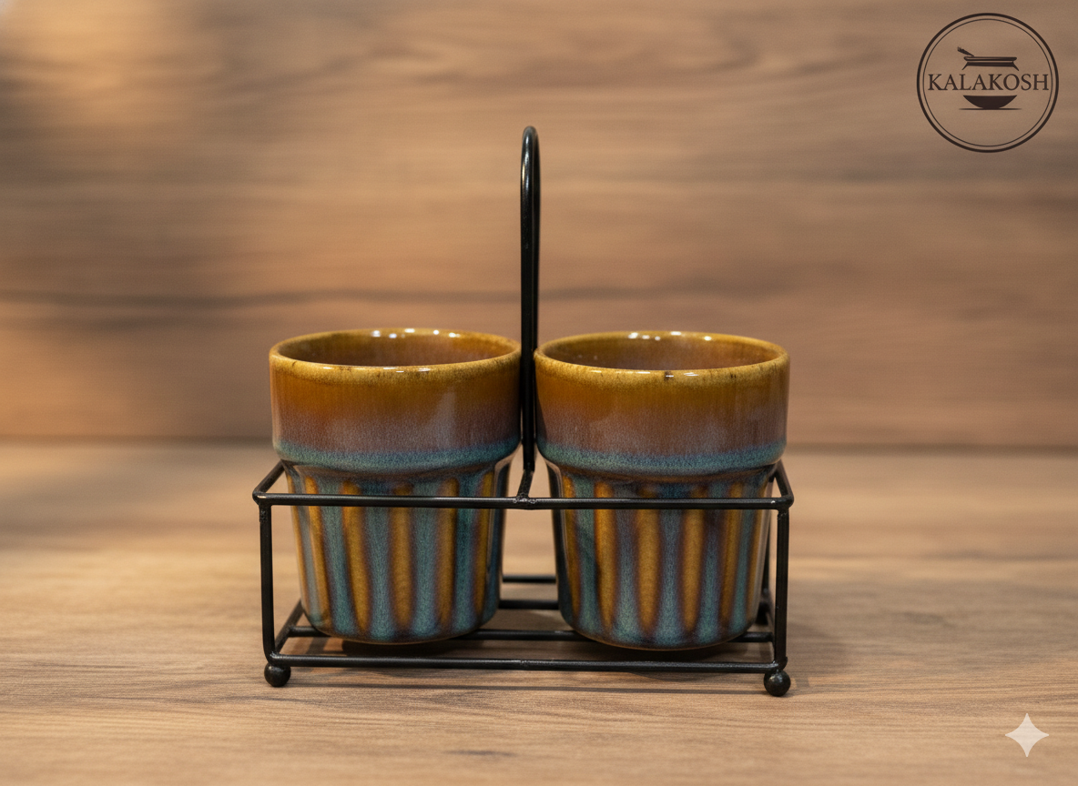 Premium Ceramic Tea & Coffee Cup Set of 2 with Metal Carrier Stand | Handcrafted Earthy Glaze Kulhad Mugs for Home Decor, Office Use & Kitchen | Rustic Aesthetic Studio Pottery Gift Set