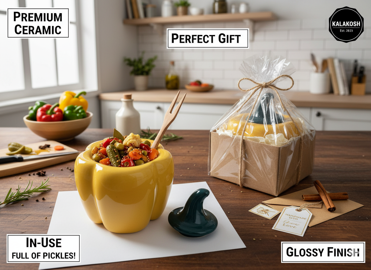 Artisan Ceramic Pickle Jar Container with Lid | Home Decor Vase | Stylish Kitchen Storage | Office Use Accent | Yellow Pepper Design | Gifting