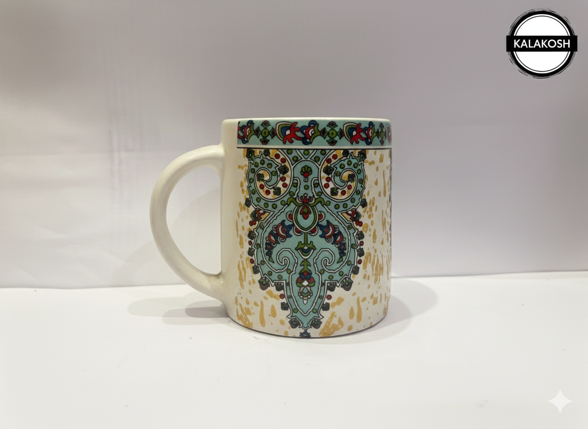 Premium Ceramic Coffee Mug with Turkish Iznik Art Design – 350ml Tea Cup for Home Decor, Office Use & Gifting – Elegant Home Decor Vase Style Drinkware for Hot/Cold Beverages (White & Turquoise)