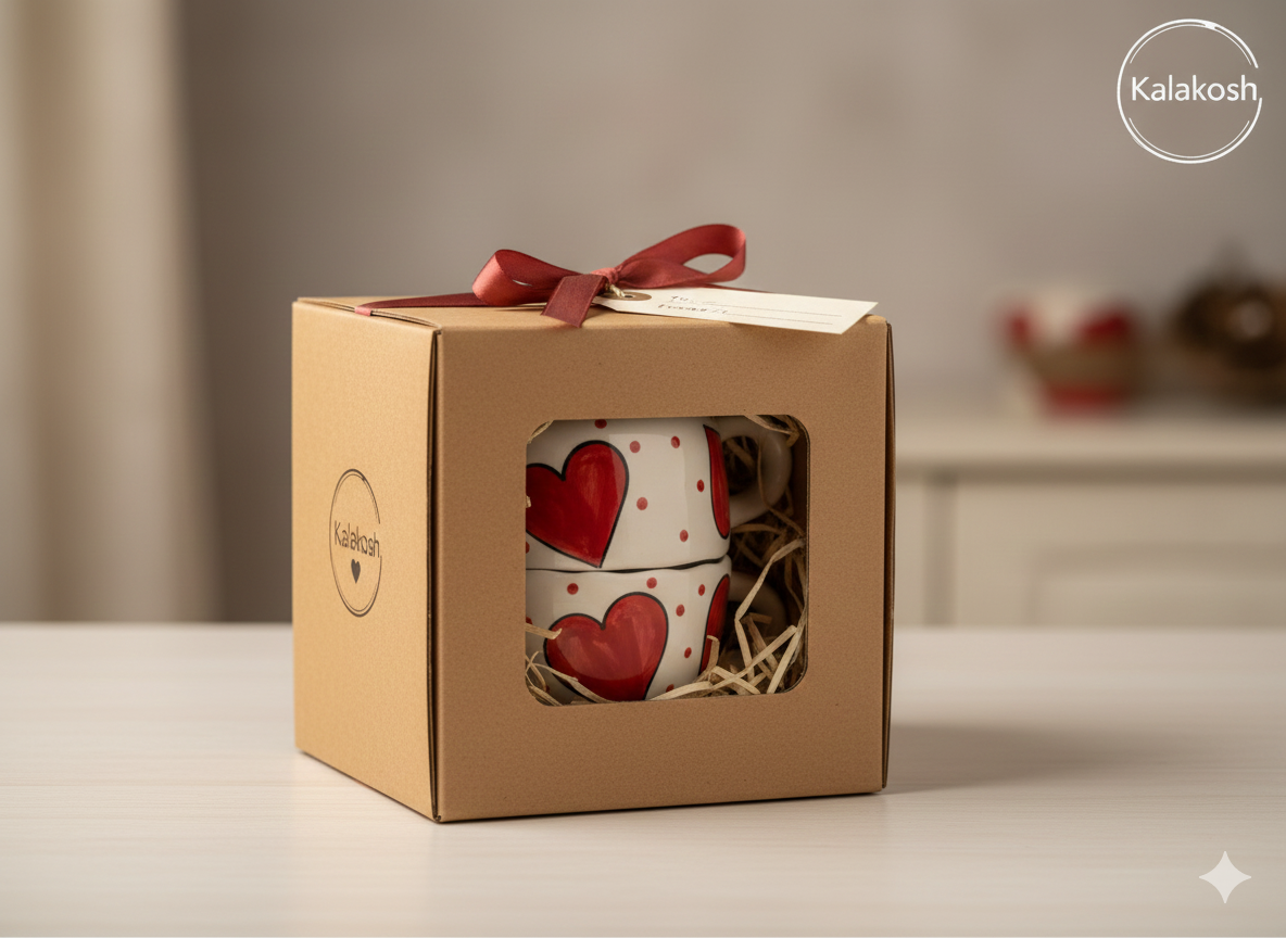 Stackable Ceramic Coffee/Tea Mug Combo Set of 2 | Hand-Painted Red Hearts | Premium Kitchenware | Home Decor Office Use Gifting