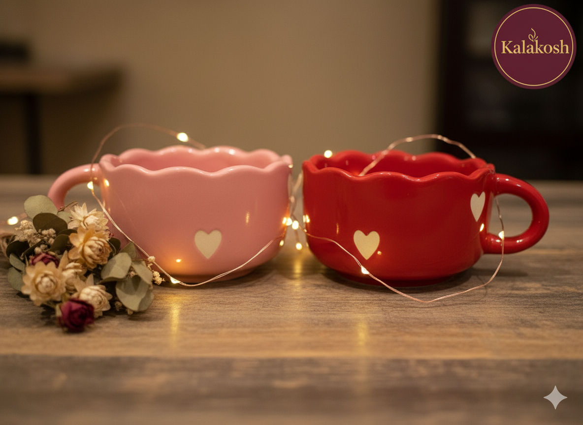 Premium Ceramic Coffee/Tea Mug Set Combo | 2-Piece Pink & Red Heart Design | Ideal for Home Decor, Office Use, and Gifting