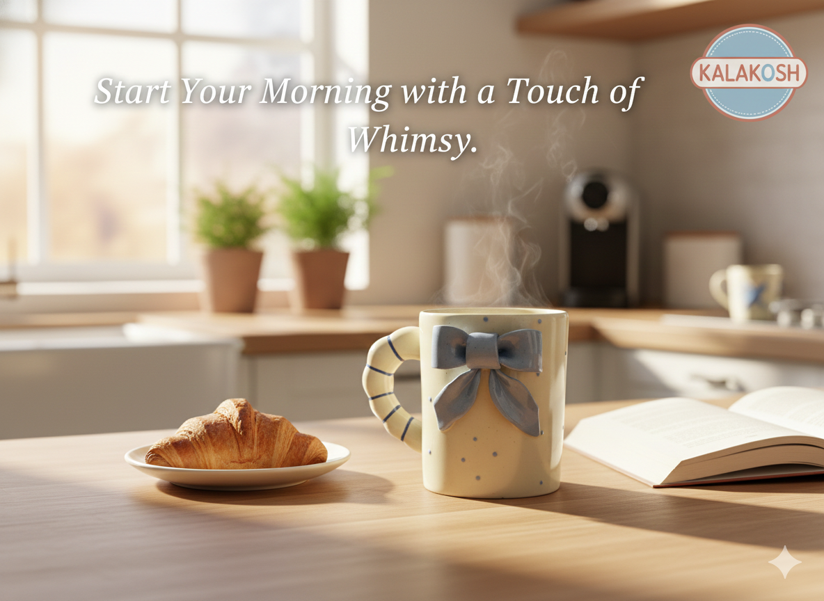 Handmade Ceramic Coffee Mug with 3D Blue Bow & Sculpted Handle – Premium Home Decor Aesthetic Tea Cup for Office & Home Use – Unique Birthday Gift for Women & Girls – 350ml Blue & Cream