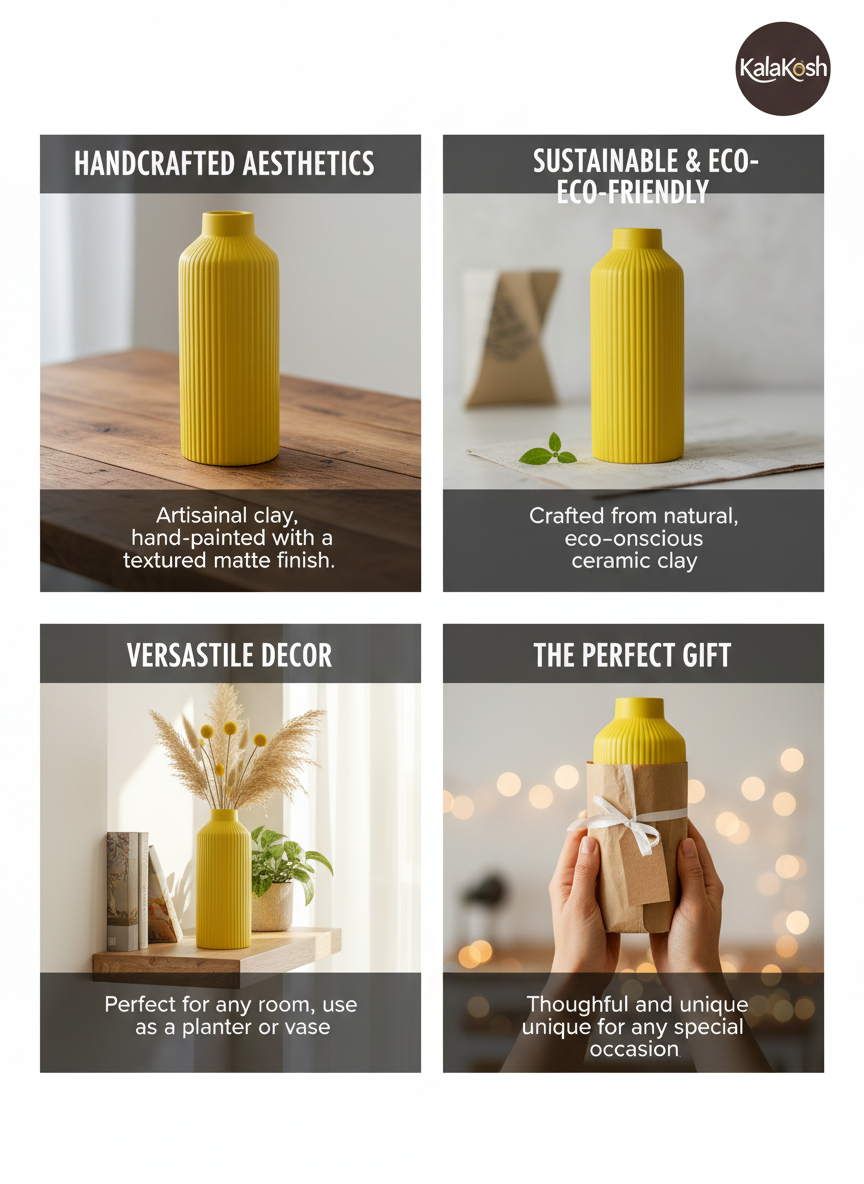 Handcrafted Yellow Fluted Ceramic Planter | Eco-Friendly Clay Vase for Rustic Home & Office Decor | Artisan Table Centerpiece | Unique Gifting
