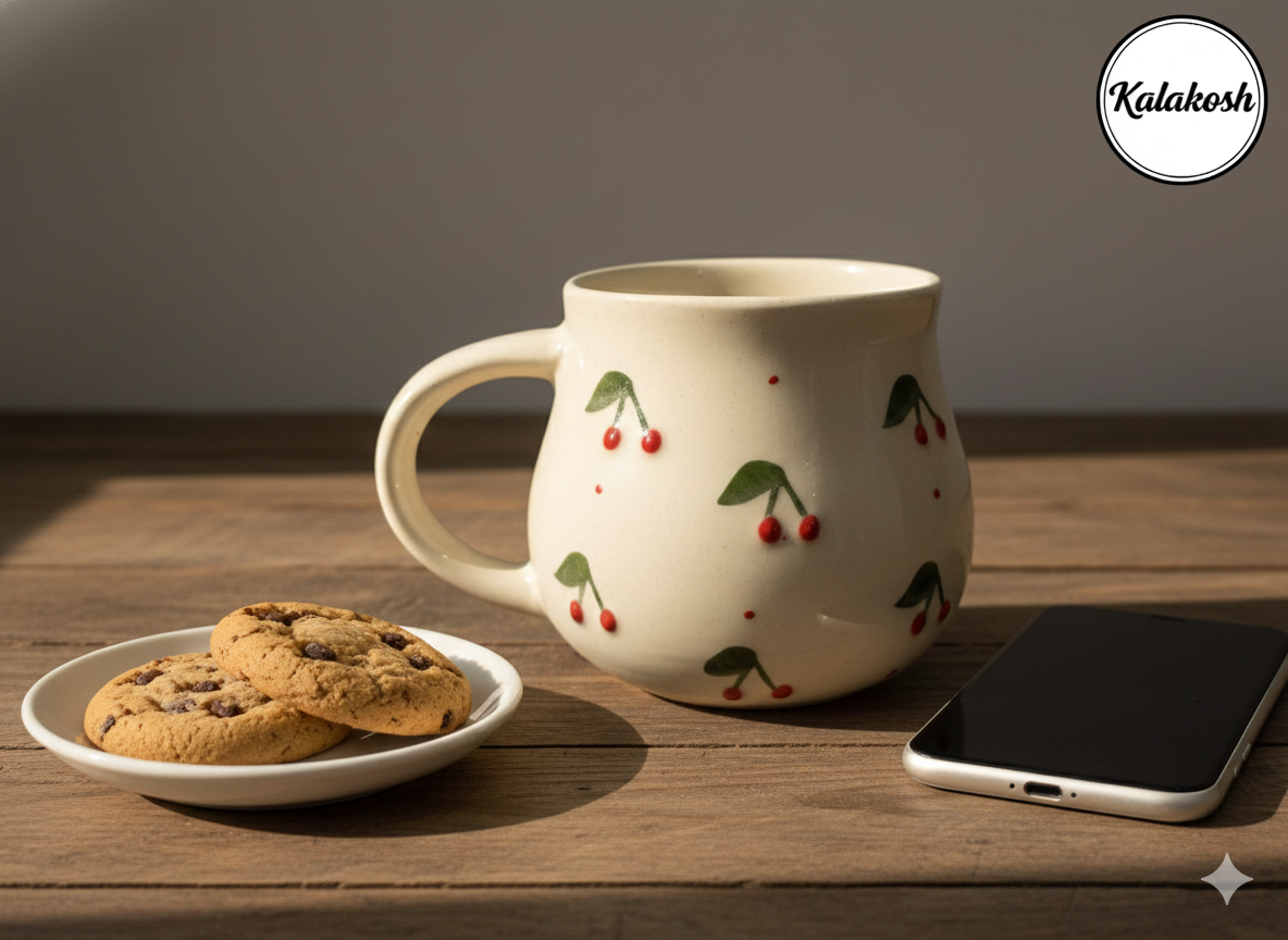 Handcrafted Ceramic Tea/Coffee Mug – Cherry Pattern, Home Decor, Office Use, Premium Aesthetic, Gifting Idea, Home Use