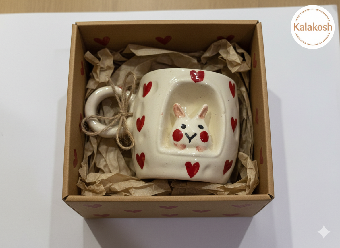 Handcrafted Ceramic Mugs for Home & Office Use | Eco-Friendly Clay Coffee & Tea Mug | Rustic Bunny Heart Design | Artisanal Gift for Loved Ones