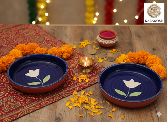 Kalakosh Hand-Painted Ceramic Snack Plate Set of 2 | Floral Blue & Terracotta Serving Platters for Home Decor, Office Use & Kitchen | Premium Studio Pottery Quarter Plates for Snacks & Appetizers