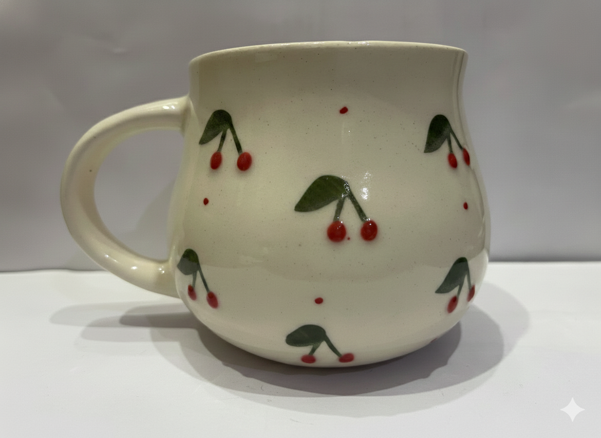 Handcrafted Ceramic Tea/Coffee Mug – Cherry Pattern, Home Decor, Office Use, Premium Aesthetic, Gifting Idea, Home Use