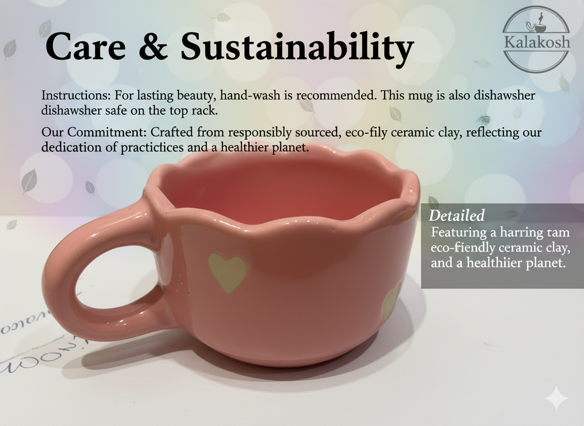 Handcrafted Pink Ceramic Coffee Mugs (Set of 1) with Heart Design | Eco-Friendly Clay Mugs for Home & Office Use | Rustic Artisanal Tea
