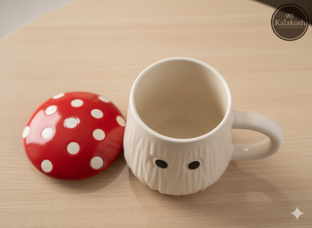 Handcrafted Ceramic Mushroom Coffee Mug with Lid | Eco-Friendly Clay Mugs for Home & Office Use | Unique Artisanal Tea Cup Gift