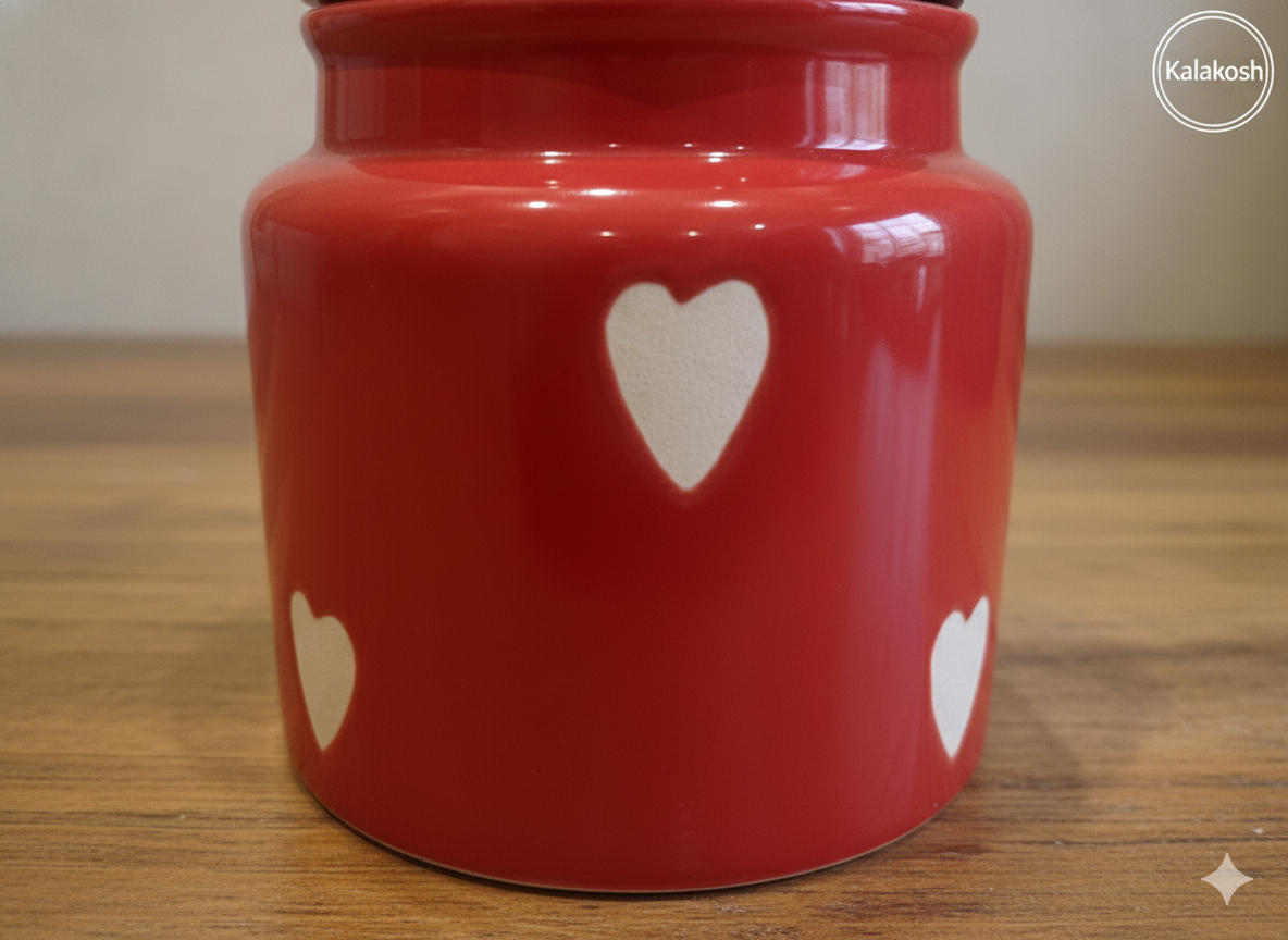 Red Ceramic Jar/Pickle Container with Heart Design | Airtight Kitchen Storage | Home Decor Vase | Office Use | Premium Gifting