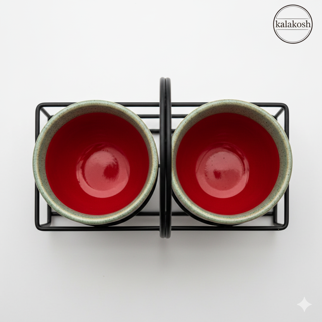 Premium Ceramic Tea and Coffee Cup Set of 2 with Iron Carrier Stand | Handcrafted Red & Grey Ombre Kulhad Set for Home Decor, Office & Gifting | Elegant Microwave Safe Morning Cutting Chai Cups