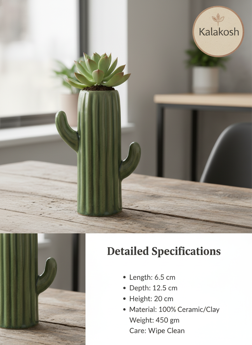 Handcrafted Ceramic Cactus Planter & Pen Holder for Desk, Home & Office Décor | Eco-Friendly Clay Pot & Stationary Organizer | Rustic Table Décor Gift