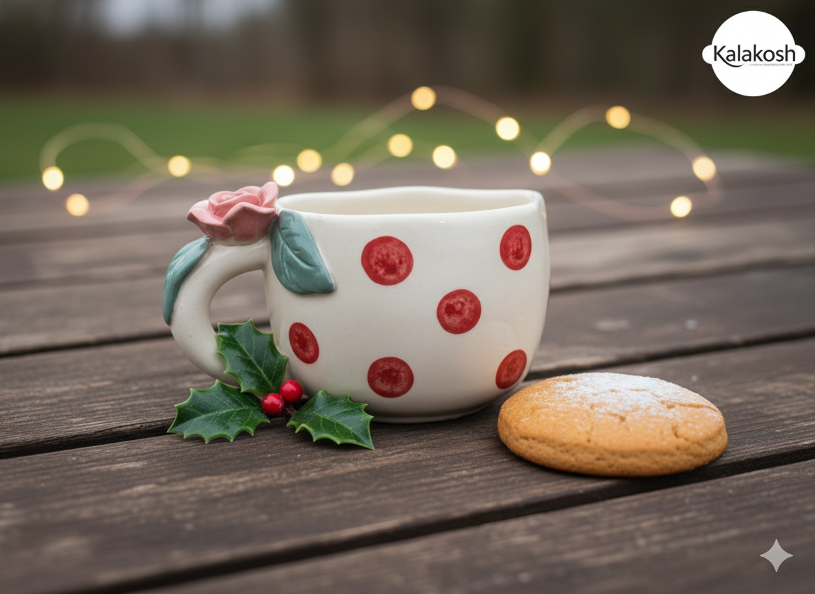 Charming Polka Dot Ceramic Coffee/Tea Mug with 3D Rose Handle | Unique Home Decor, Office Use & Gifting | Premium Stoneware Cup