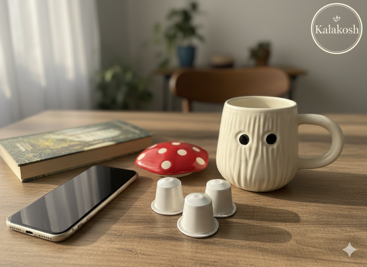 Handcrafted Ceramic Mushroom Coffee Mug with Lid | Eco-Friendly Clay Mugs for Home & Office Use | Unique Artisanal Tea Cup Gift