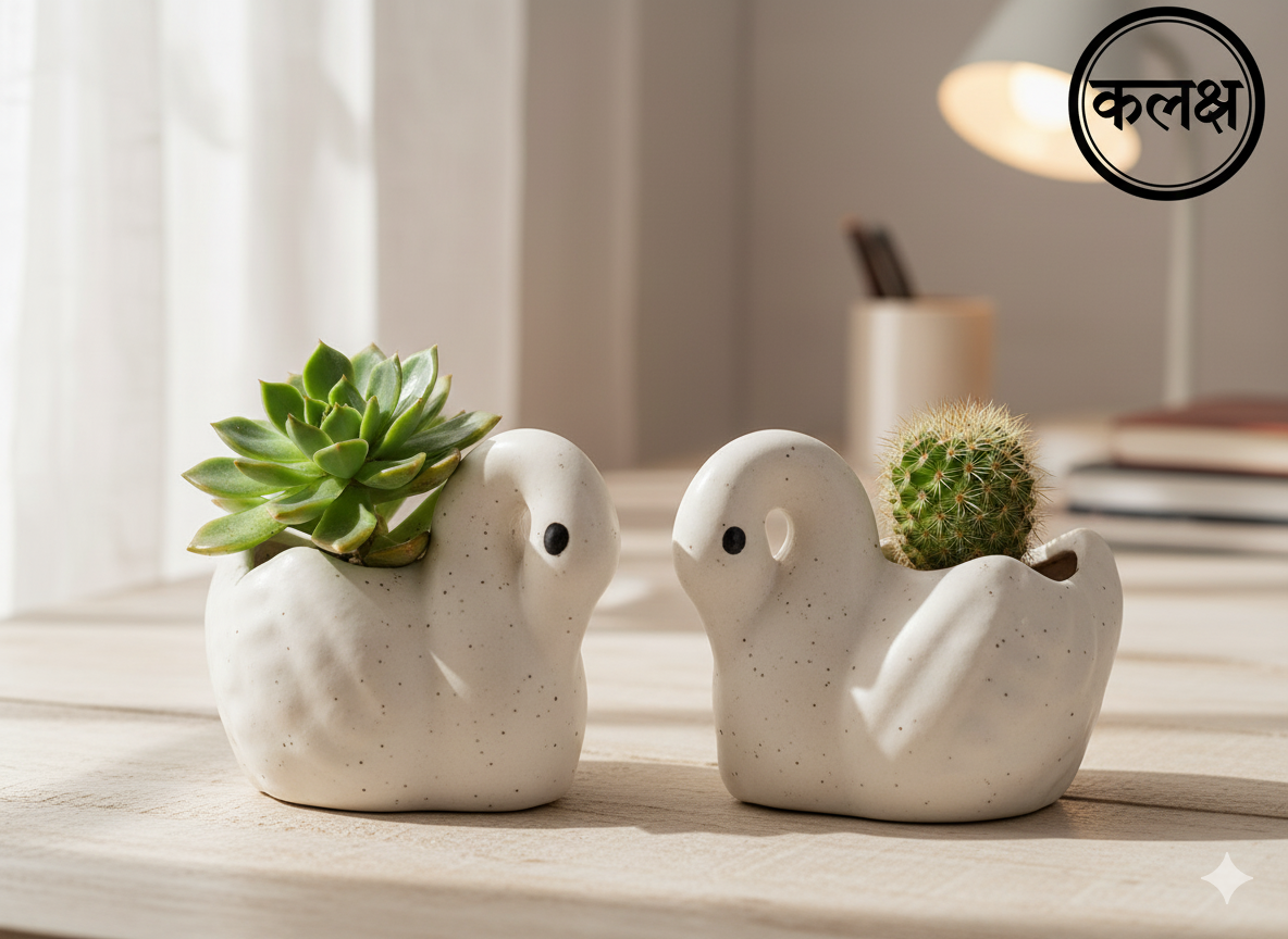 Premium White Ceramic Swan Planters Combo of 2 for Home Decor | Indoor Succulent Flower Pot | Elegant Home & Office Use Decorative Vase