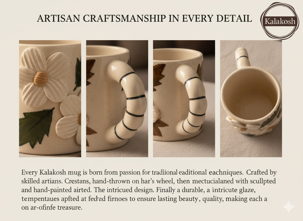 Handcrafted Ceramic Coffee Tea Mug – Home Decor, Office Use, Unique Clay Earthenware, Floral & Leaf Design – Premium Gifting