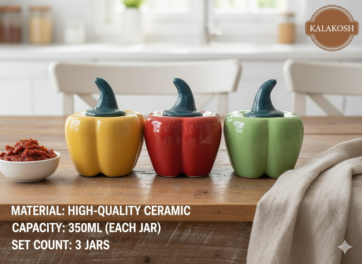 Premium Ceramic Pickle Jar Container Set of 3 | Bell Pepper Design | Home Décor Vase for Kitchen & Dining | Office Use Storage | Multipurpose Home Use Set