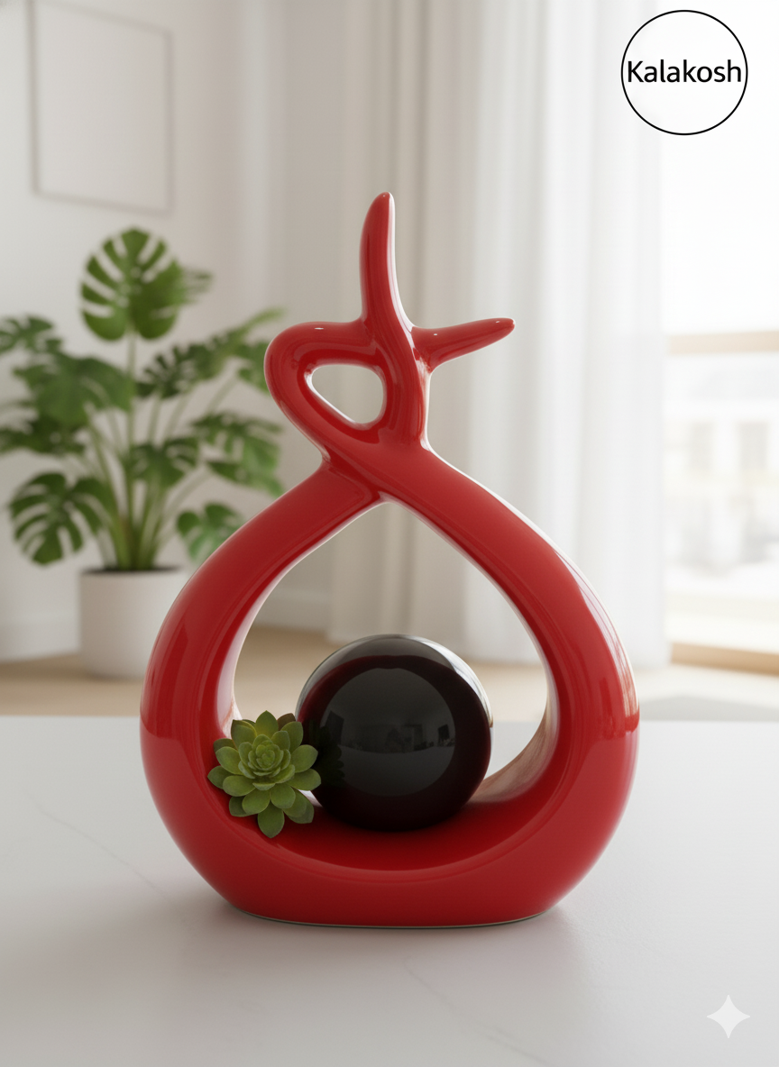 Handcrafted Red Abstract Ceramic Planter & Showpiece | Eco-Friendly Clay Home & Office Decor | Unique Artistic Sculpture & Table Accent
