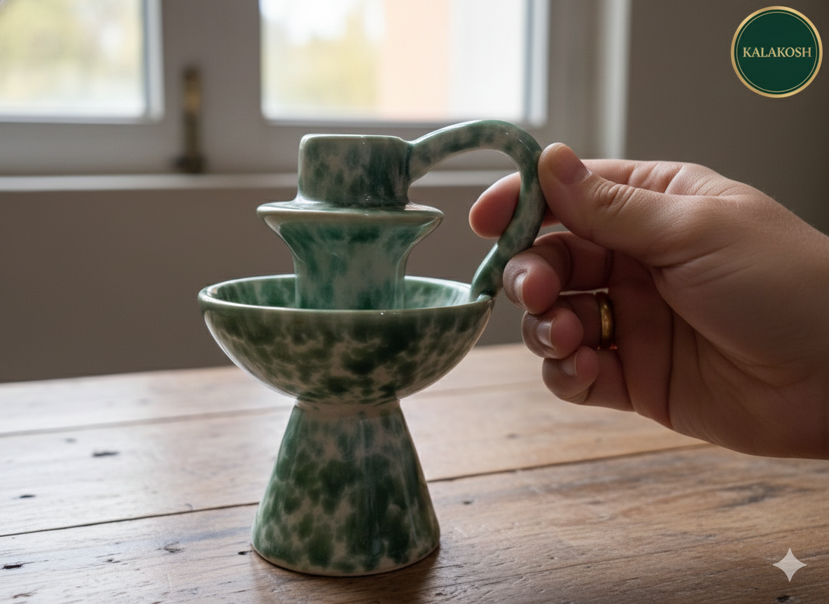 Premium Handcrafted Ceramic Candle Stand for Home Decor – Elegant Green Sponge Glazed Chamberstick with Handle for Living Room, Office Use, Festive Gifting & Aesthetic Home Decor Vase Accessory