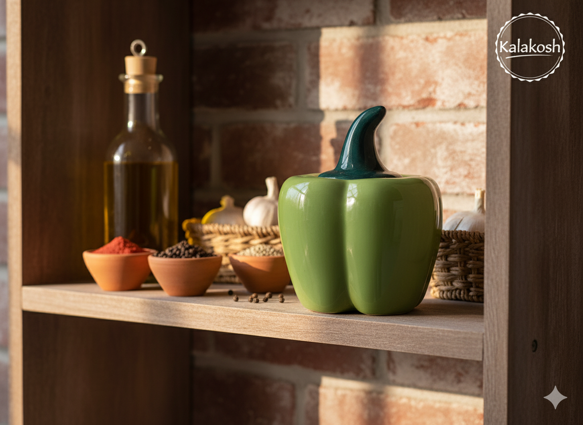 Premium Green Ceramic Pickle Jar Container with Lid | Unique Bell Pepper Shape | Multipurpose Kitchen Storage, Home Decor Vase, Office Use, Home Use | Ideal Gifting