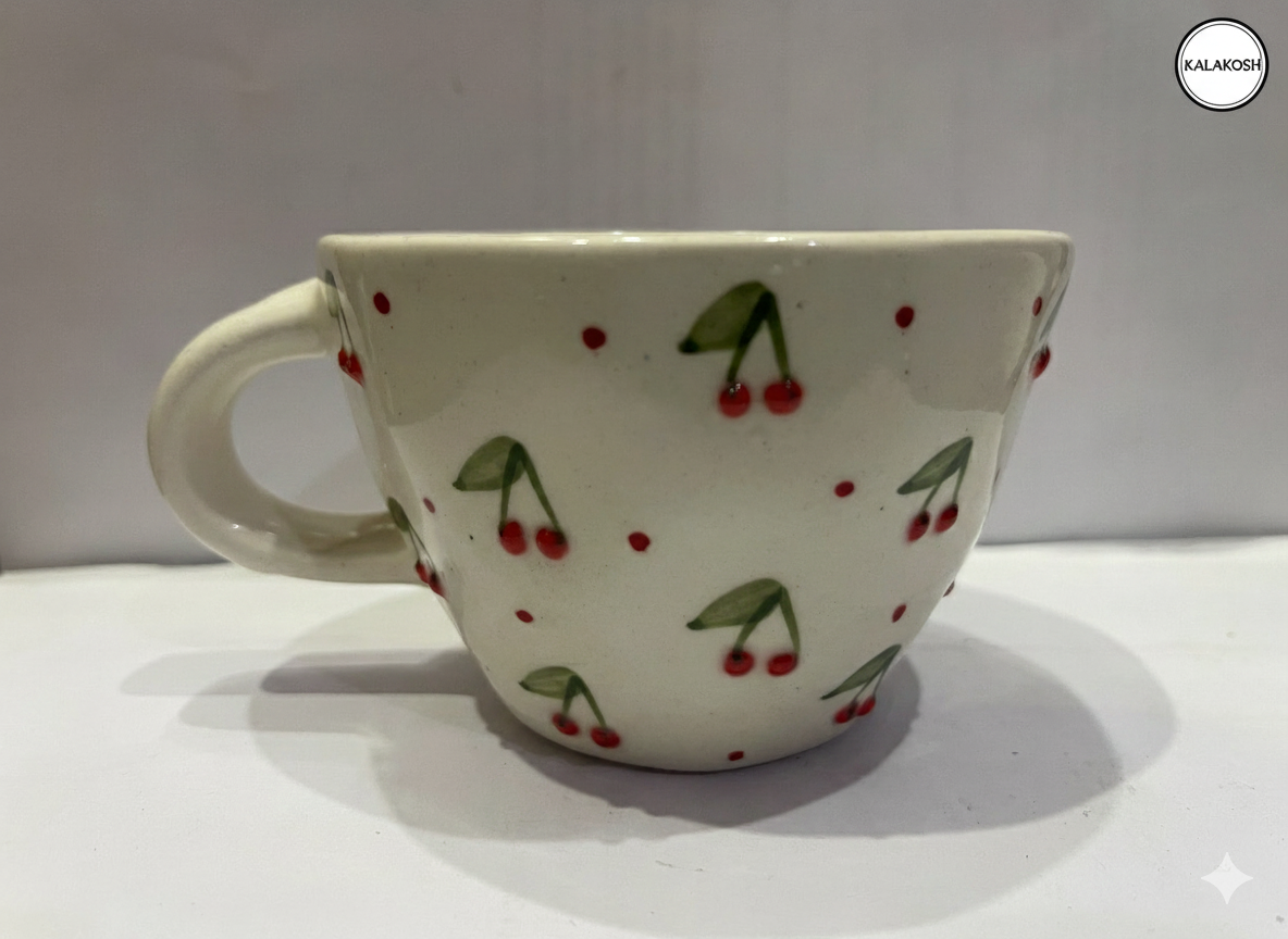 Hand-Painted Cherry Ceramic Tea Cup Mug for Home & Office Use | Premium Home Decor | Coffee Milk Hot Beverage Daily Drinkware Gift