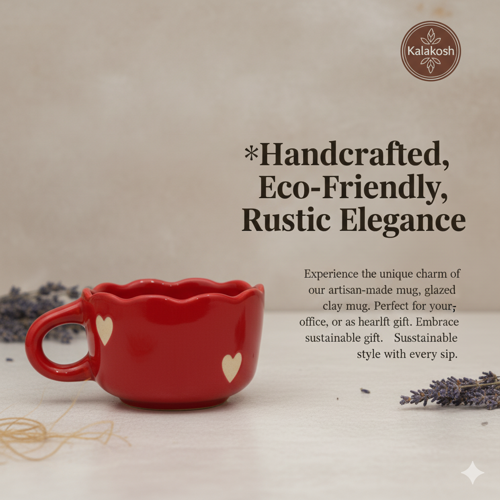 Handcrafted Red Ceramic Coffee Mugs (Set of 1) with Heart Design | Eco-Friendly Clay Mugs for Home & Office Use | Rustic Artisanal Tea