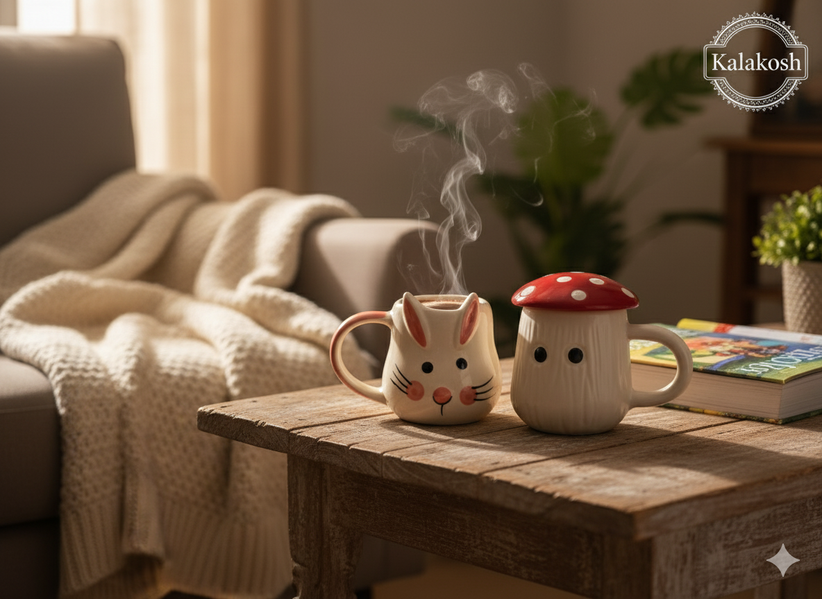 Premium Rabbit & Mushroom Ceramic Coffee Mug Set | Cute Tea Cups Combo for Home Decor, Kitchen, Office Use | Aesthetic Gifting for Women & Girls