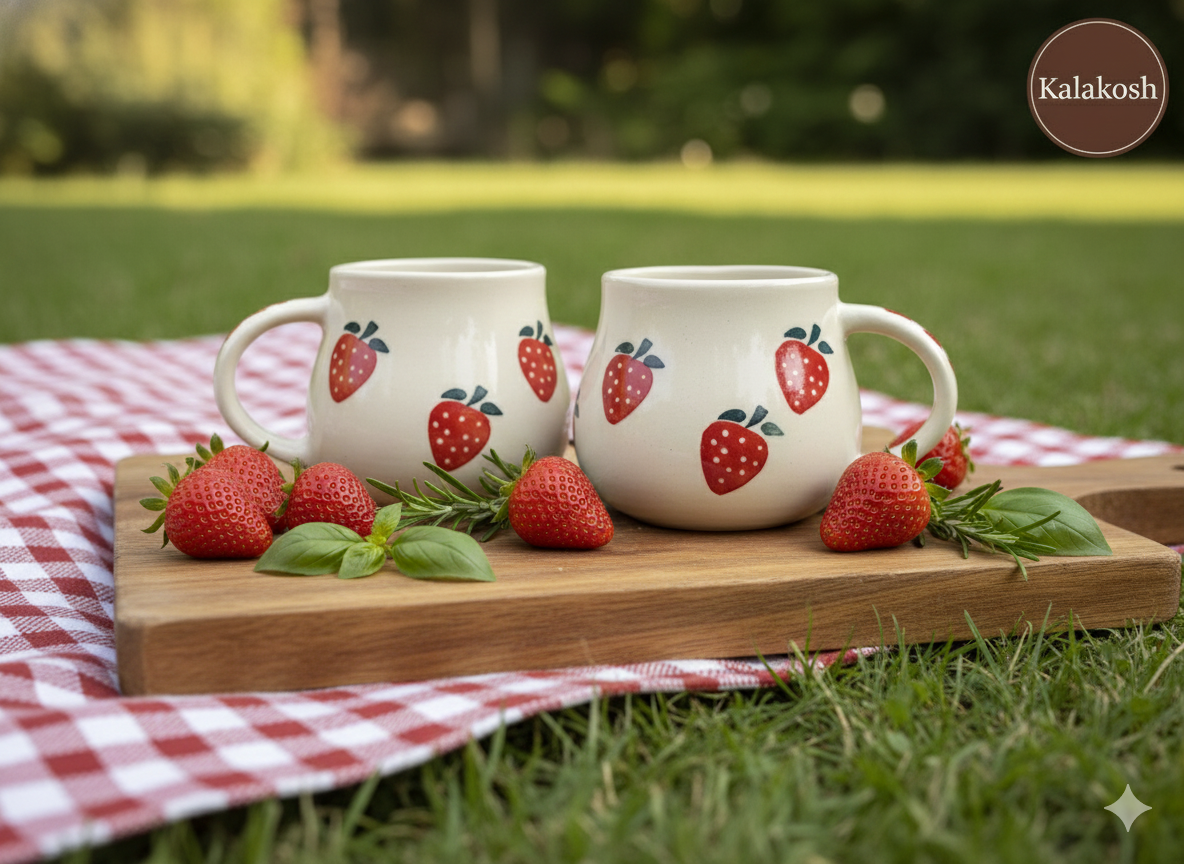 Hand-Painted Ceramic Strawberry Coffee Mugs Set of 2 | Home Decor & Kitchen Use | Premium Aesthetic Tea Cups for Office & Home