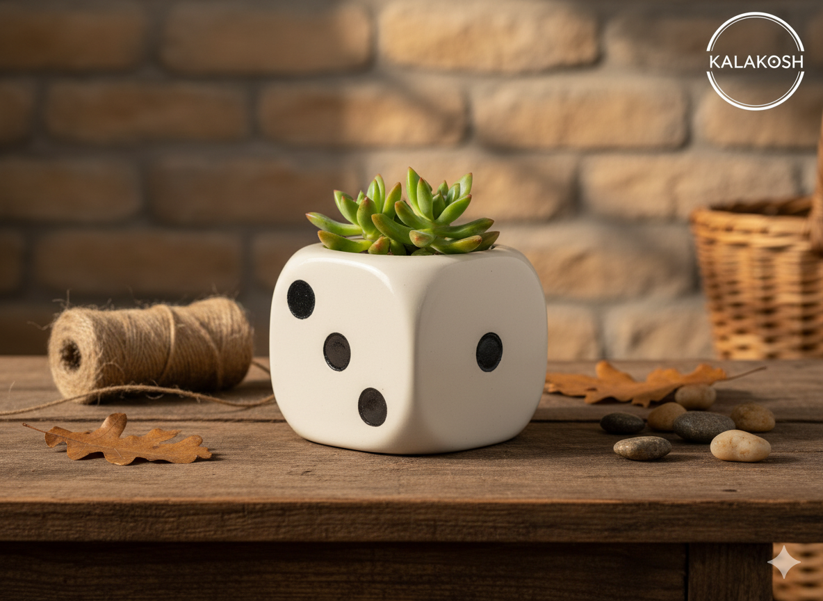 Handcrafted Ceramic Planter | Dice Design Clay Pot for Home & Office Decor | Eco-Friendly Artistic Desk Planter Gift | Rustic Indoor Flower Pot