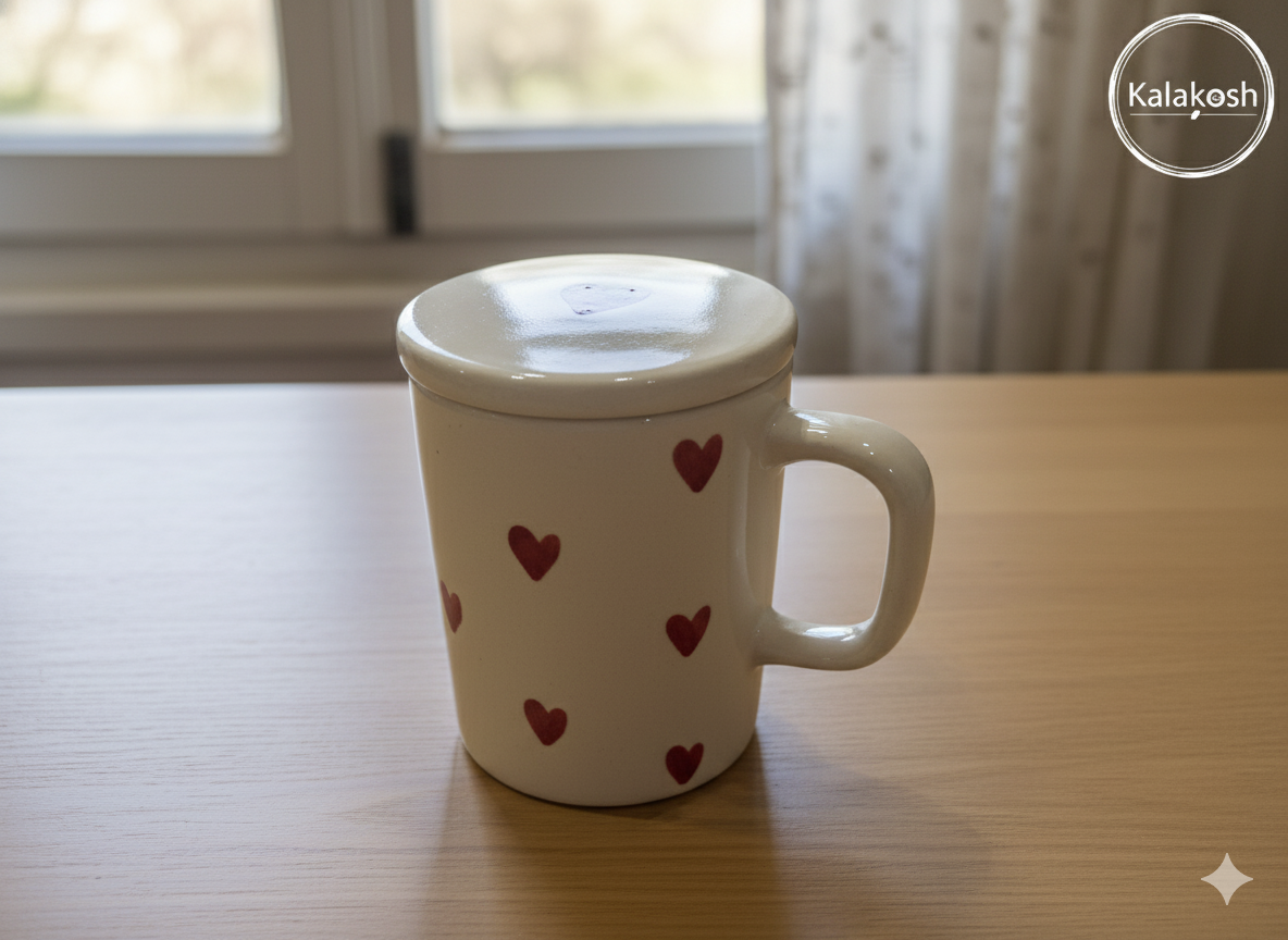 Handmade Ceramic Coffee Mug with Lid - Red Heart Pattern | Premium Tea Cup for Home Decor Office Use Gifting | Home Use Home Decor Vase Style