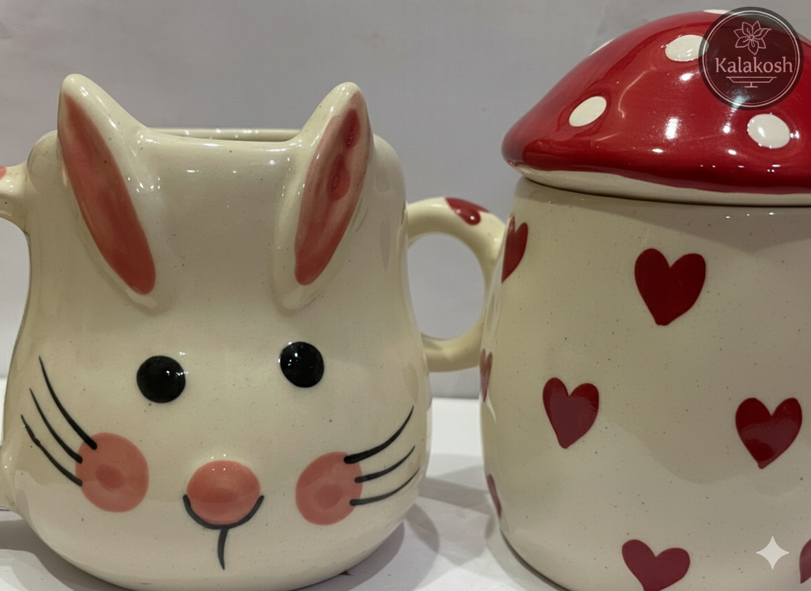 Kawaii Ceramic Coffee Mug Set for Home Decor, Office Use, & Gifting | Cute Bunny & Mushroom Tea Cups Combo | Premium Aesthetic Home Use