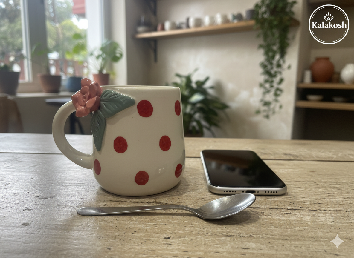 Handmade Ceramic Coffee Tea Mug – Elegant Polka Dot Design with 3D Rose – Ideal Home Decor, Office Use, and Unique Gifting