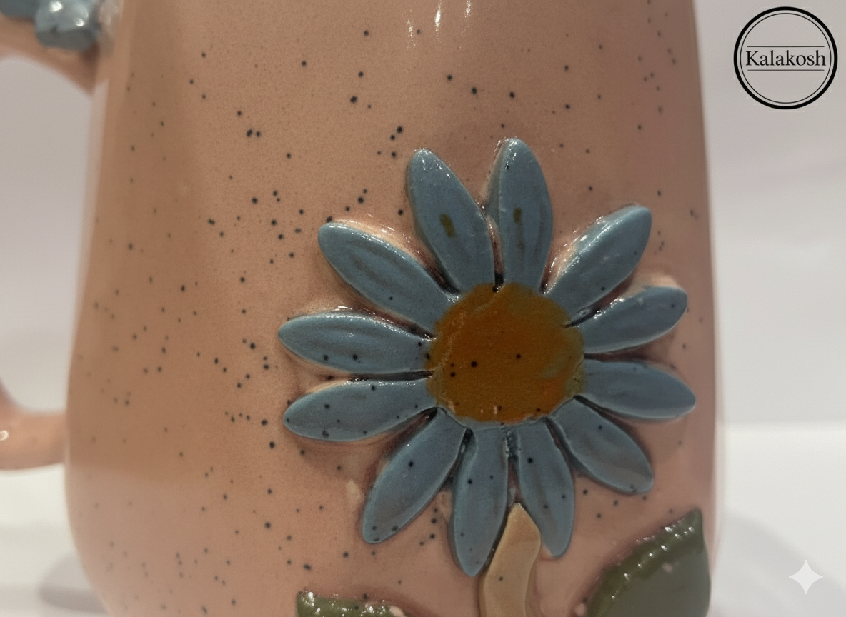 Handmade Speckled Ceramic Coffee Tea Mug | 3D Floral Home Decor Vase Style | Premium Clay Office Use Gift for Women