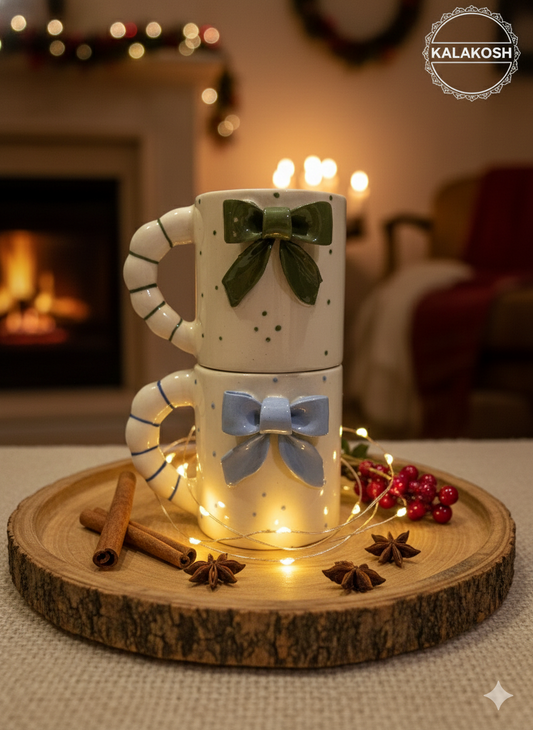 Premium Ceramic Tea & Coffee Mug Combo (Set of 2) with 3D Bow Design & Striped Caterpillar Handle | Aesthetic Pastel Cups for Home Decor, Office Use, Gifting & Kitchen Styling | Microwave Safe