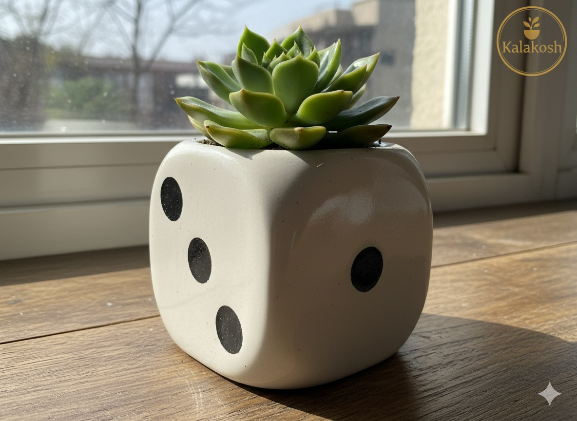 Handcrafted Ceramic Planter | Dice Design Clay Pot for Home & Office Decor | Eco-Friendly Artistic Desk Planter Gift | Rustic Indoor Flower Pot