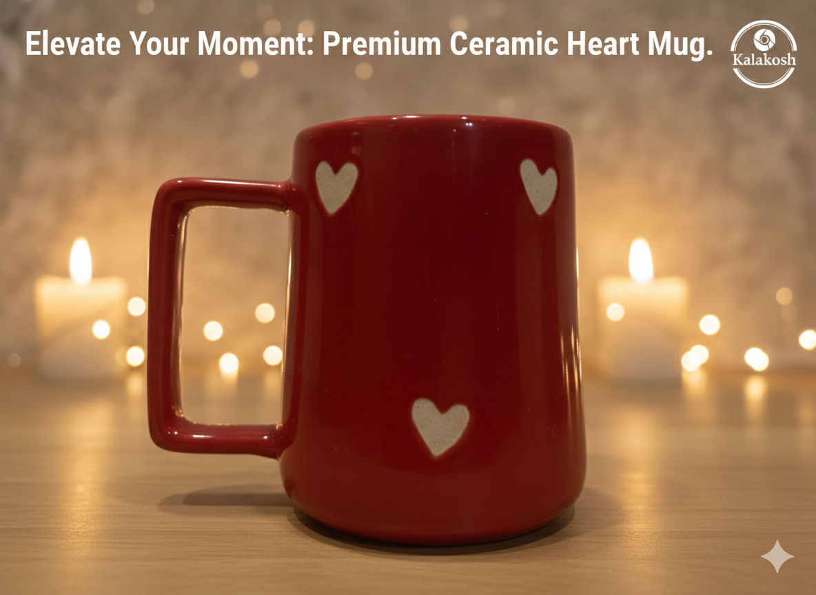 Premium Red Ceramic Coffee Tea Mug for Home Decor, Office Use, and Gifting | Cute Heart Design, Glossy Finish, 300ml | Ideal Home Use Kitchenware, Festive Home Decor Vase