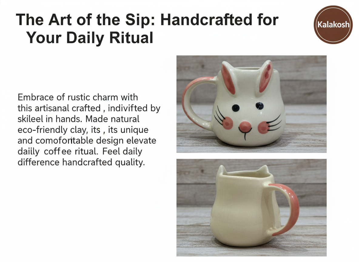 Handcrafted Ceramic Mug | Eco-Friendly Clay Mugs for Coffee & Tea | Rustic Home & Office Use | Artisanal Cute Rabbit Design