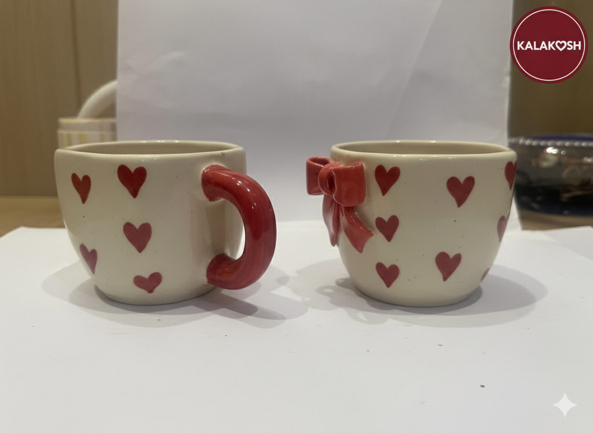 Handcrafted Ceramic Coffee/Tea Mug | Adorable Red Heart & Bow Design | Home Decor, Office Use | Premium Aesthetic Gift for Her/Him