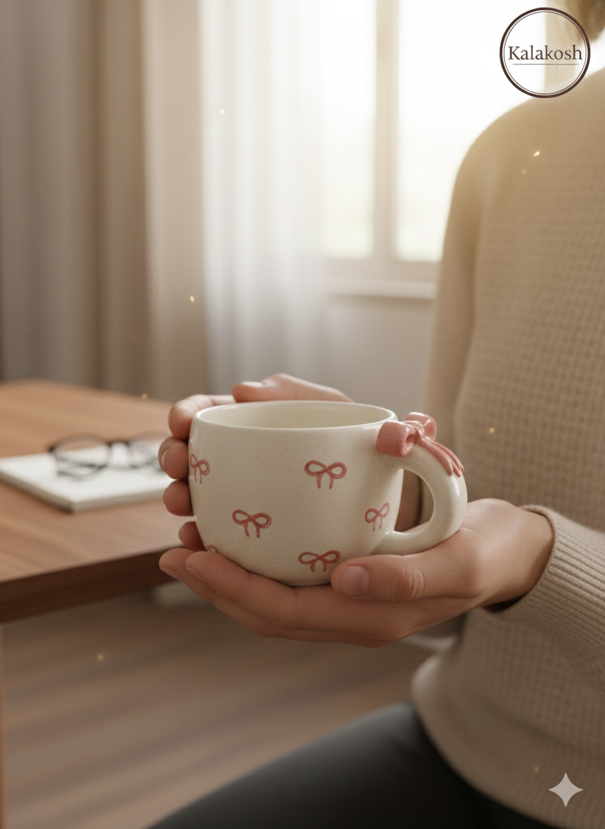 Premium Handcrafted Ceramic Tea and Coffee Cup Set of 2 | 3D Bow Handle Coquette Aesthetic Mug for Home Decor, Office Use & Gifting | Elegant White & Pink Home Decor Vase Style Cup (300ml)