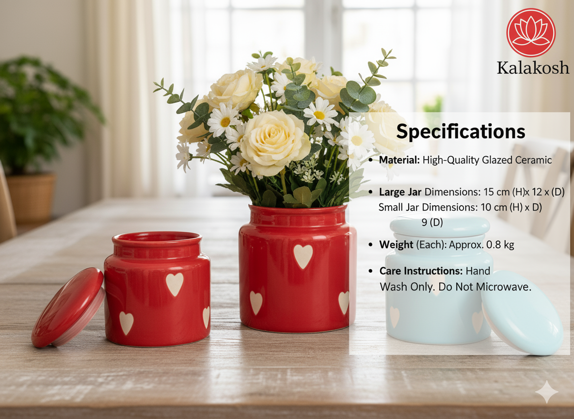Red Ceramic Jar/Pickle Container with Heart Design | Airtight Kitchen Storage | Home Decor Vase | Office Use | Premium Gifting