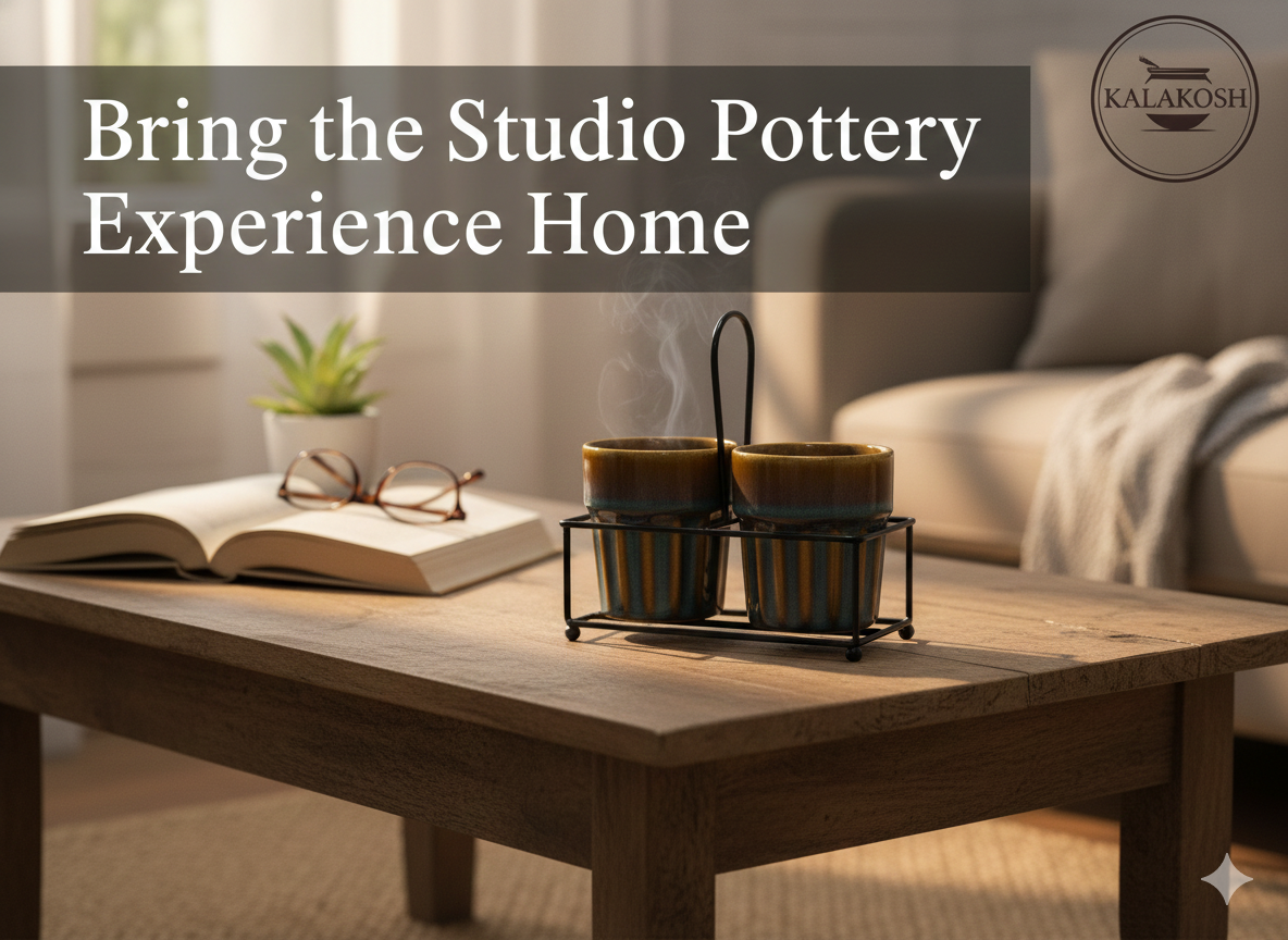 Premium Ceramic Tea & Coffee Cup Set of 2 with Metal Carrier Stand | Handcrafted Earthy Glaze Kulhad Mugs for Home Decor, Office Use & Kitchen | Rustic Aesthetic Studio Pottery Gift Set