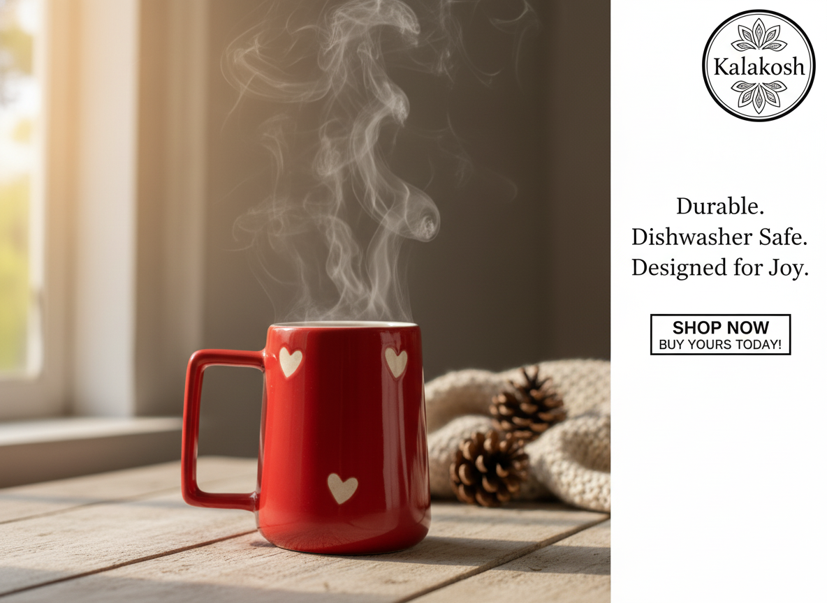 Premium Red Ceramic Coffee Tea Mug for Home Decor, Office Use, and Gifting | Cute Heart Design, Glossy Finish, 300ml | Ideal Home Use Kitchenware, Festive Home Decor Vase