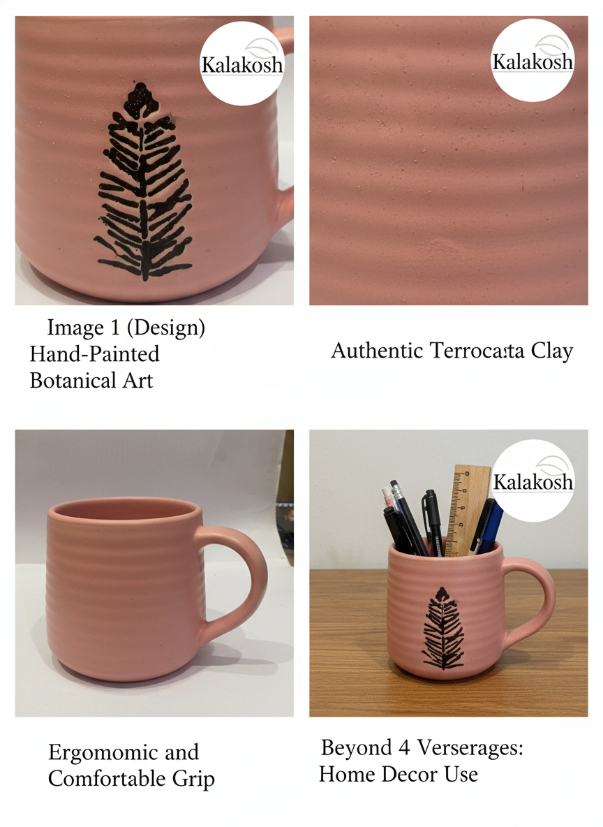 Handcrafted Terracotta Clay Coffee Mug | Pink Aesthetic | Black Fern Leaf Design | Rustic Home Decor & Office Use Tea Cup | Unique Gifting
