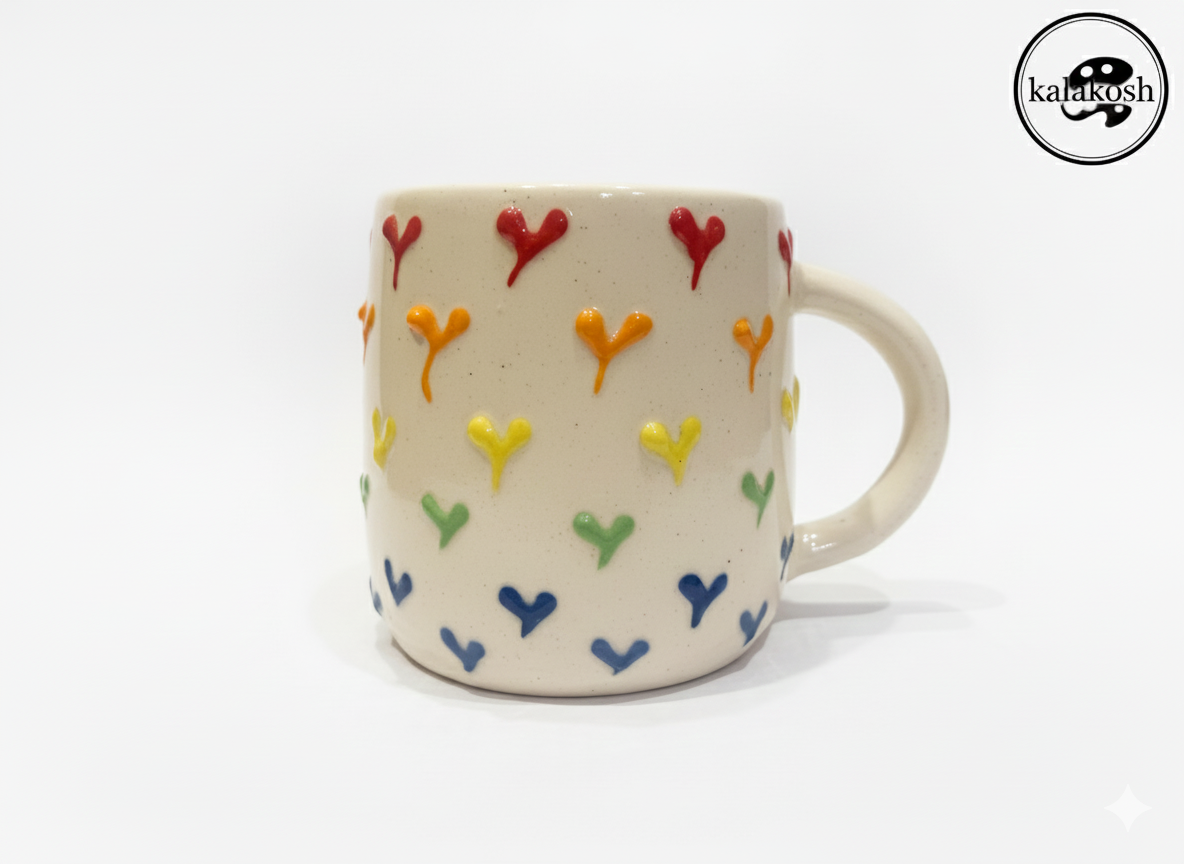 Rainbow Heart Ceramic Coffee Mug - Embossed 3D Design Tea Cup for Home Use & Office Use | Cute Kitchen Drinkware & Multipurpose Home Decor Vase | Microwave Safe Gift for Friends & Family (350ml)