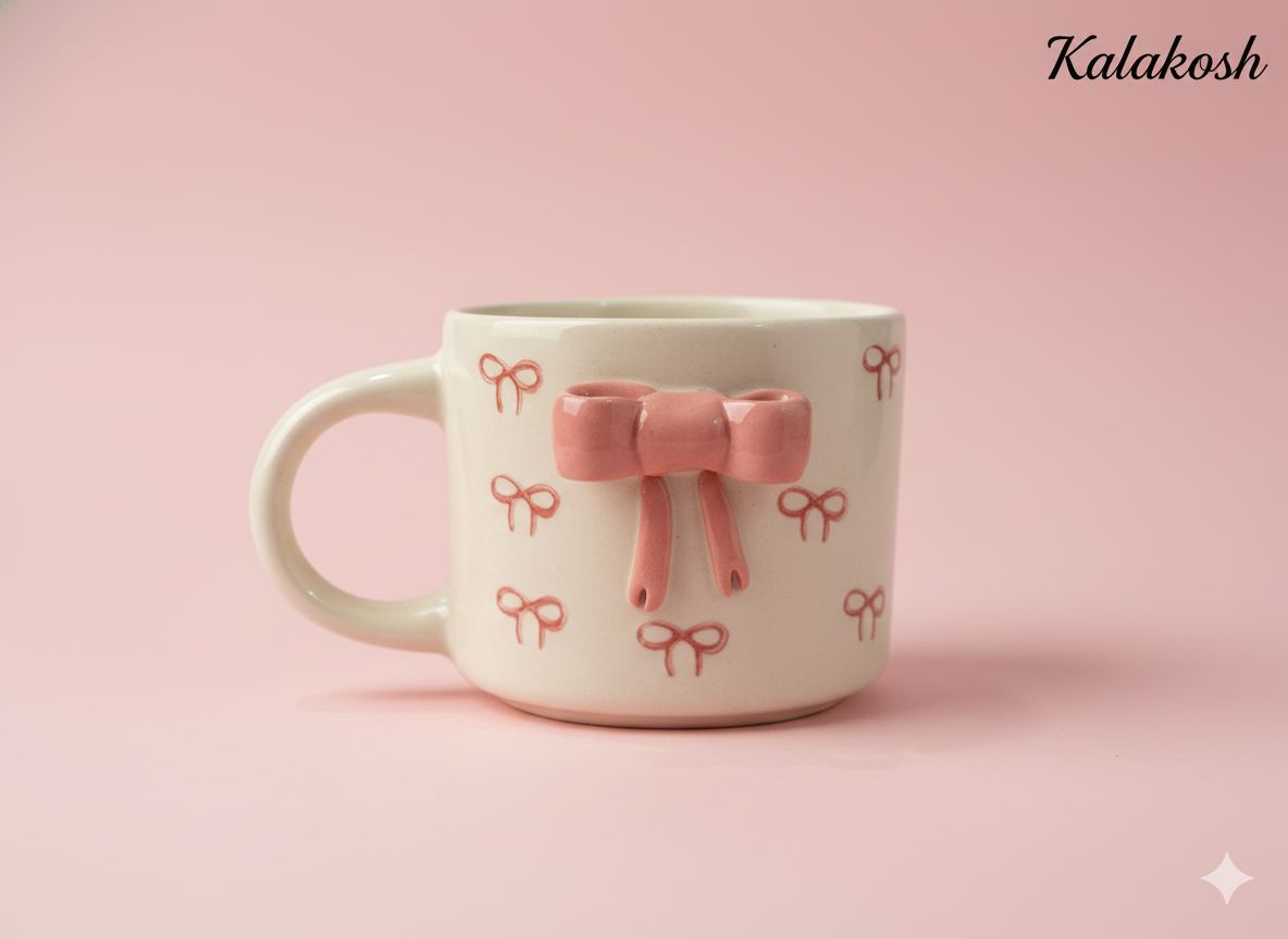 Aesthetic Pink Bow Ceramic Coffee Mug | Premium Home Decor | Tea Cup for Office & Home Use | Unique Gifting
