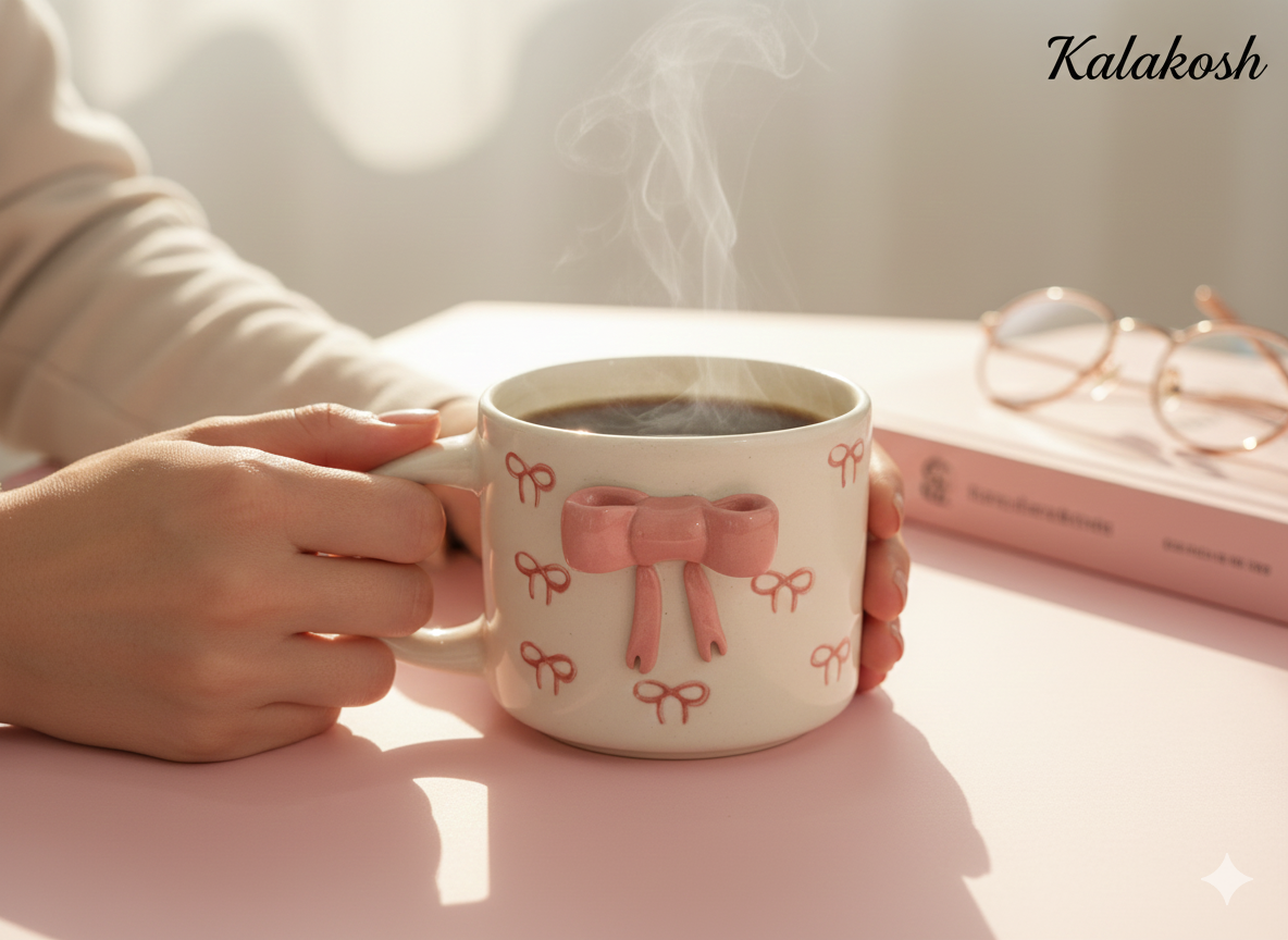 Aesthetic Pink Bow Ceramic Coffee Mug | Premium Home Decor | Tea Cup for Office & Home Use | Unique Gifting