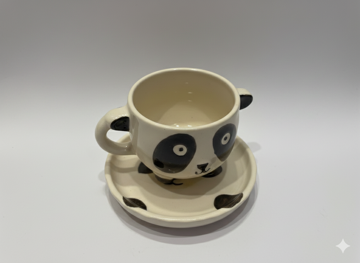 Handcrafted Panda Ceramic Coffee Tea Mug and Coaster Set | Cute Home Decor, Office Use | Unique Gifting