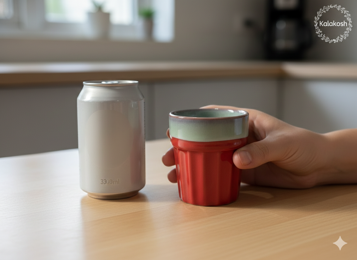 Premium Ceramic Tea and Coffee Cup Set of 2 with Iron Carrier Stand | Handcrafted Red & Grey Ombre Kulhad Set for Home Decor, Office & Gifting | Elegant Microwave Safe Morning Cutting Chai Cups